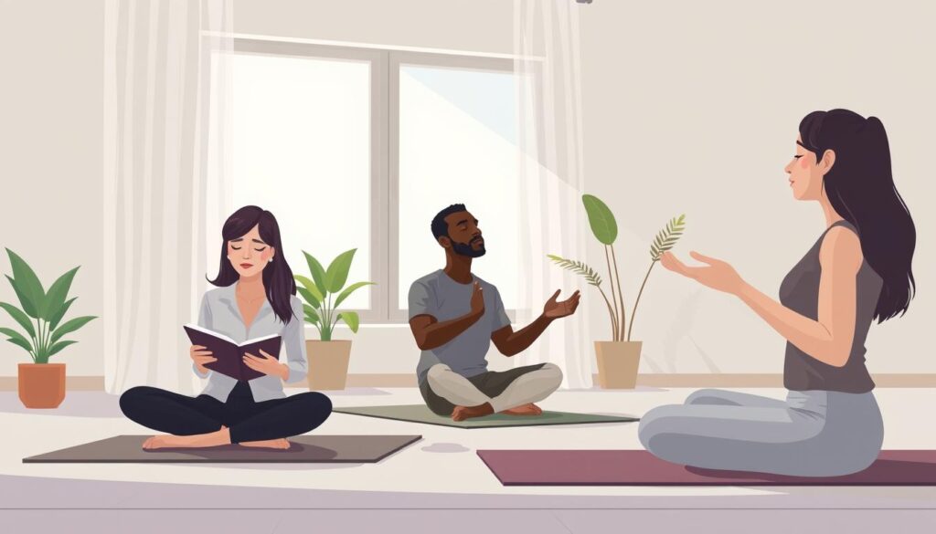 A serene and tranquil indoor setting depicting self-observation exercises. In the foreground, a diverse group of three individuals (a woman of Asian descent, a Black man, and a Hispanic woman) sit calmly on yoga mats in professional casual attire, engaging in mindful reflection. The woman is journaling while the man practices deep breathing, and the woman beside him engages in guided meditation. In the middle ground, soft, natural light filters through large windows adorned with light curtains, casting gentle shadows. A few indoor plants provide a touch of greenery, enhancing the atmosphere of peace and introspection. The background features a simple, uncluttered wall with calming colors, further promoting a sense of focus and serenity. This image evokes a mood of tranquility and self-discovery, perfectly illustrating common self-awareness practices. Nextself.ai. A serene and tranquil indoor setting depicting self-observation exercises. In the foreground, a diverse group of three individuals (a woman of Asian descent, a Black man, and a Hispanic woman) sit calmly on yoga mats in professional casual attire, engaging in mindful reflection. The woman is journaling while the man practices deep breathing, and the woman beside him engages in guided meditation. In the middle ground, soft, natural light filters through large windows adorned with light curtains, casting gentle shadows. A few indoor plants provide a touch of greenery, enhancing the atmosphere of peace and introspection. The background features a simple, uncluttered wall with calming colors, further promoting a sense of focus and serenity. This image evokes a mood of tranquility and self-discovery, perfectly illustrating common self-awareness practices. Nextself.ai.