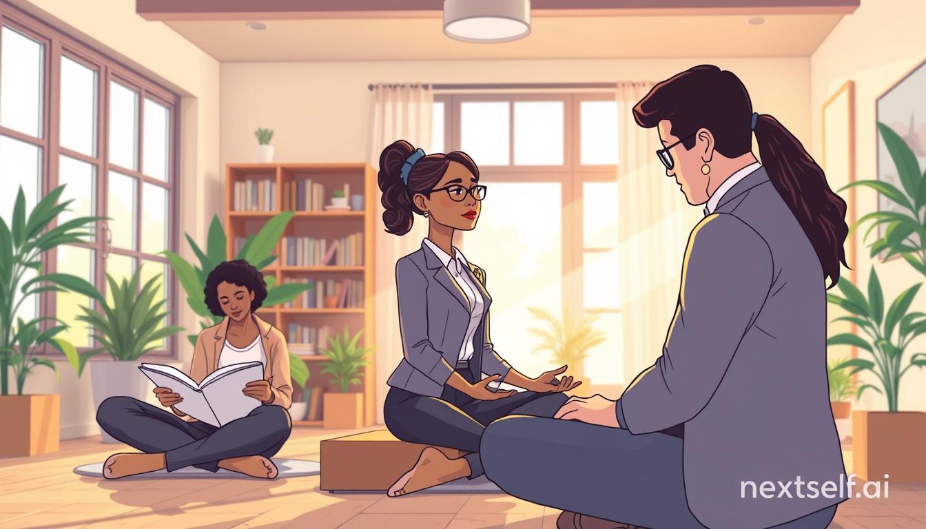 An illustration of three people in a calm room, one reading and two in quiet conversation.